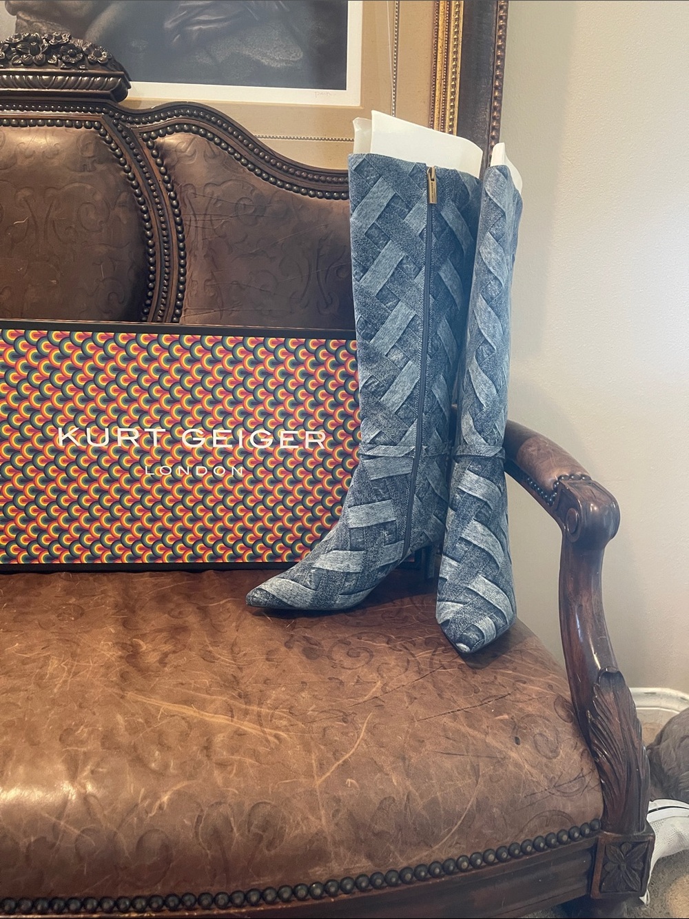Kurt Geiger Blue Patchwork Denim Knee Boots